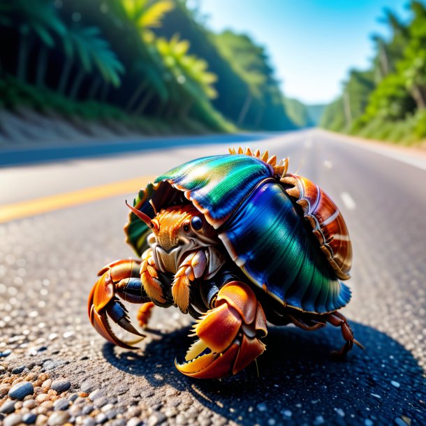 Imagem de um caranguejo eremita em um colete na estrada