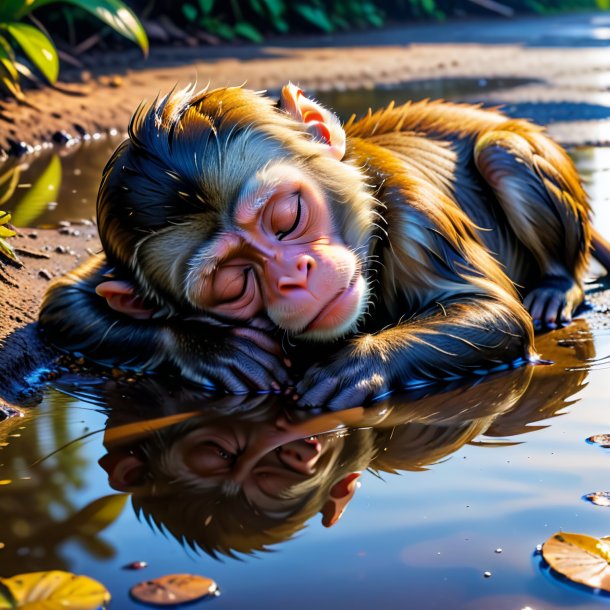 Picture of a sleeping of a monkey in the puddle