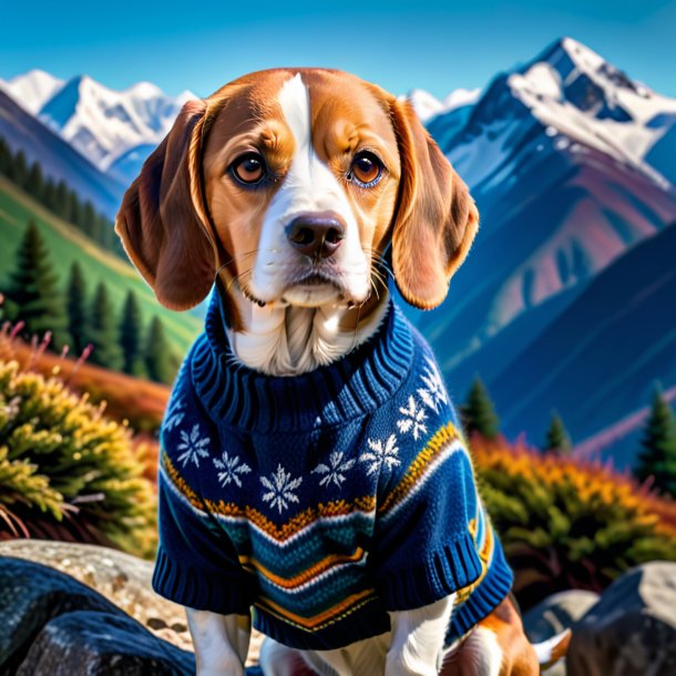 Foto de un beagle en un suéter en las montañas