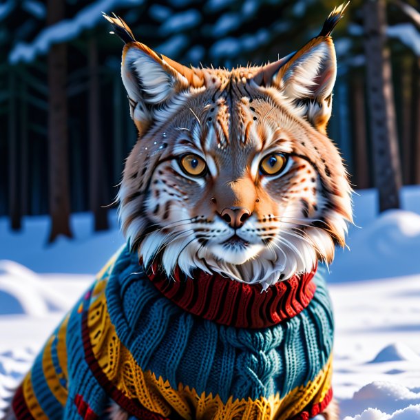 Uma foto de um lince em um suéter na neve