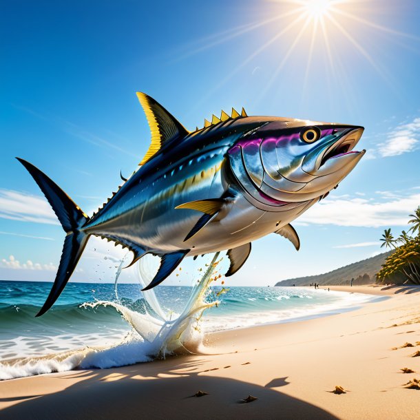 Imagem de um salto de um atum na praia