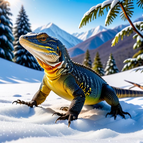 Pic d'un jeu d'un lézard de moniteur dans la neige