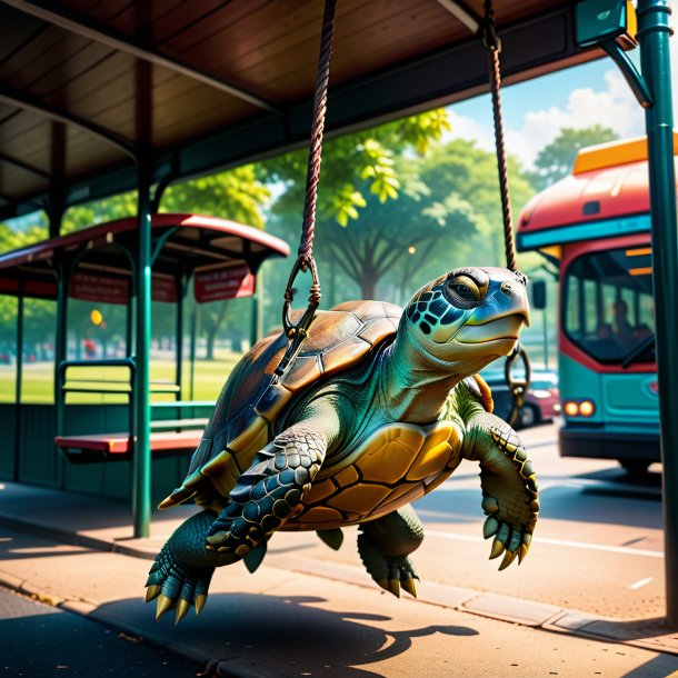 Photo of a swinging on a swing of a turtle on the bus stop