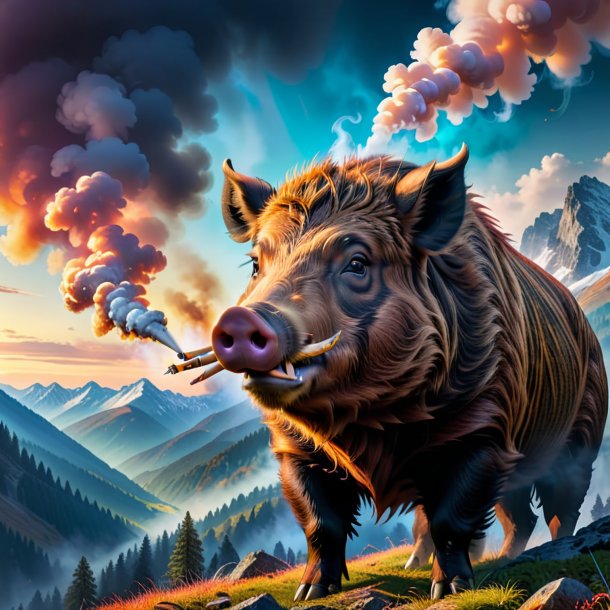 Picture of a smoking of a boar in the mountains