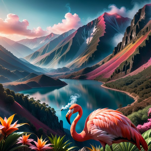 Image of a smoking of a flamingo in the mountains