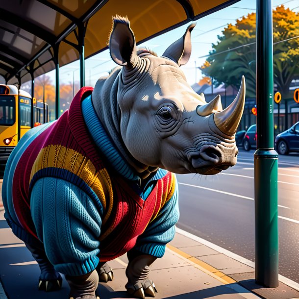 Pic of a rhinoceros in a sweater on the bus stop