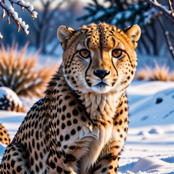 Foto de una espera de un guepardo en la nieve