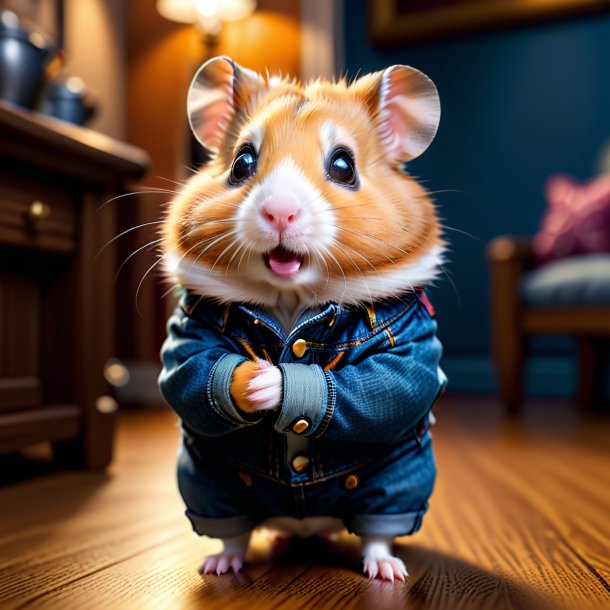 Pic of a hamster in a jeans in the house