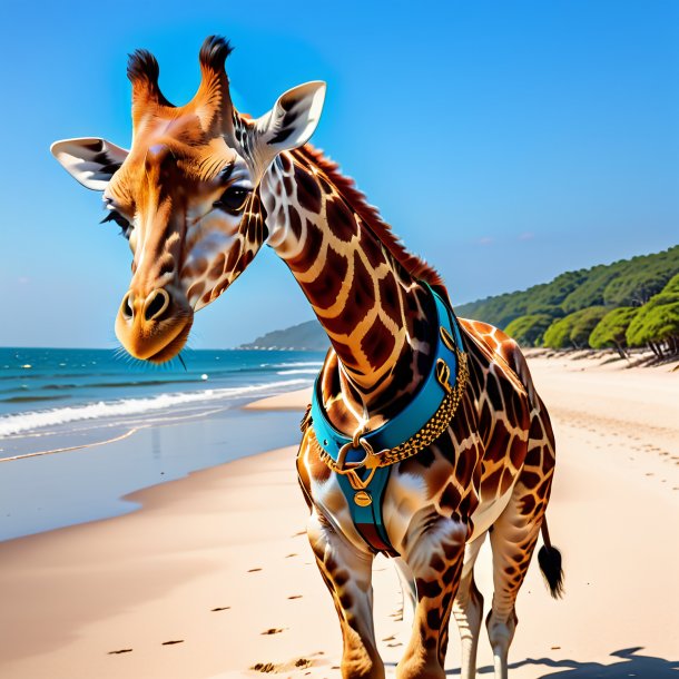 Pic of a giraffe in a belt on the beach