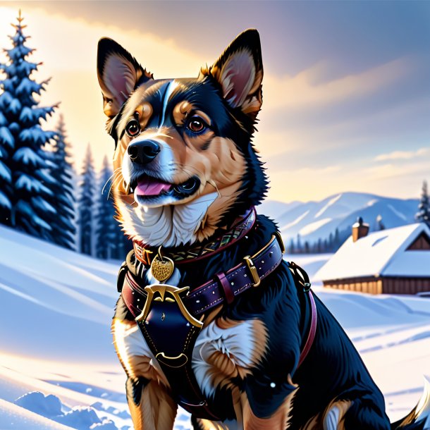 Desenho de um cão em um cinto na neve