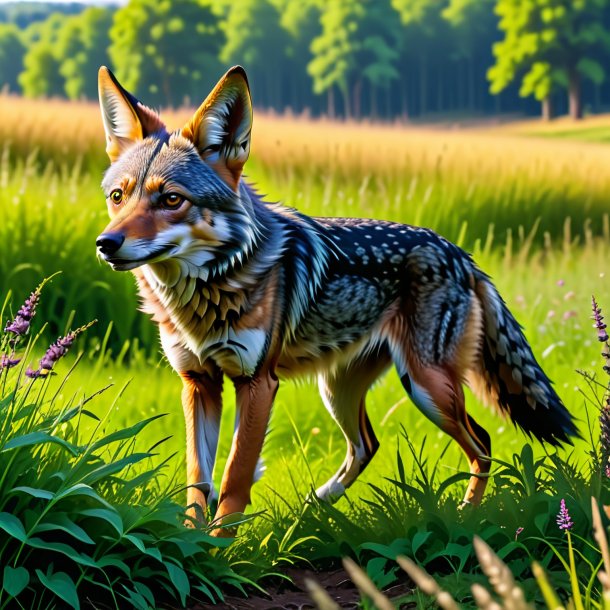 Picture of a playing of a jackal in the meadow