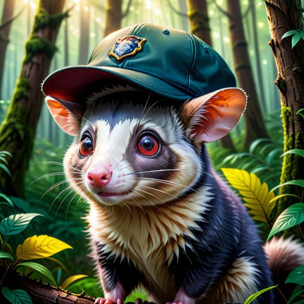 Illustration d'un opossum dans une casquette dans la forêt