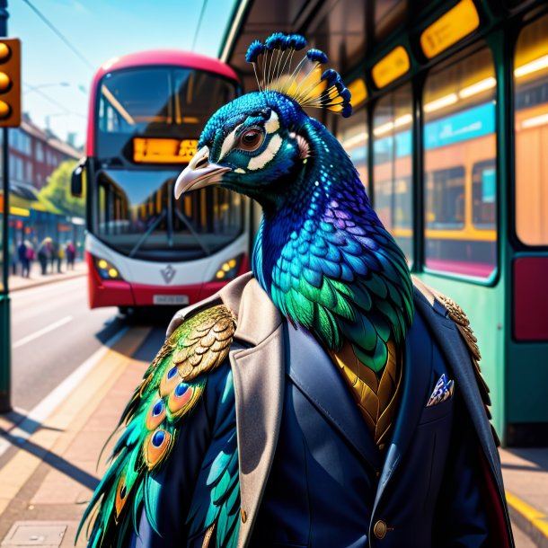 Picture of a peacock in a jacket on the bus stop