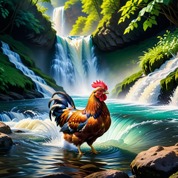 Picture of a swimming of a hen in the waterfall