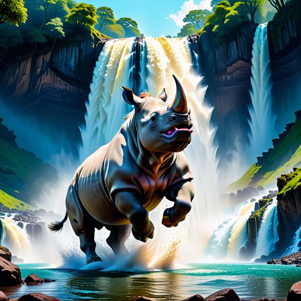 Picture of a jumping of a rhinoceros in the waterfall