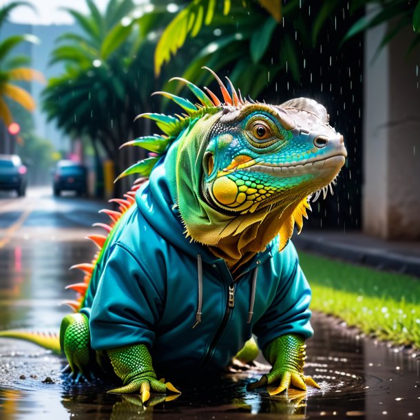 Photo of a iguana in a hoodie in the puddle