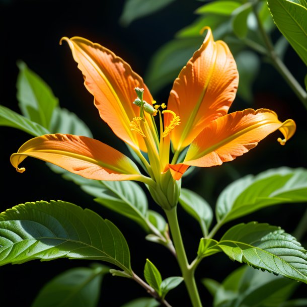 Imagen de una flor-corneta anaranjada de hoja de fresno