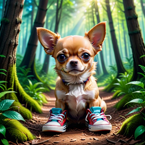 Image of a chihuahua in a shoes in the forest