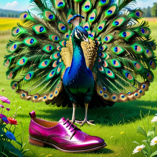 Foto de un pavo real en un zapato en el prado