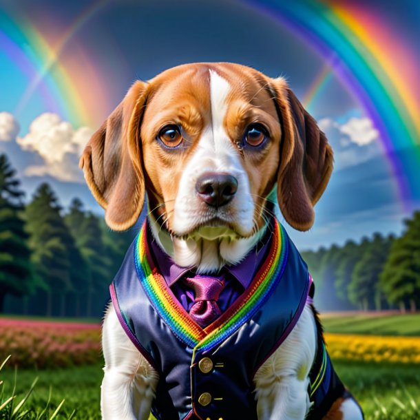 Foto de um beagle em um colete no arco-íris