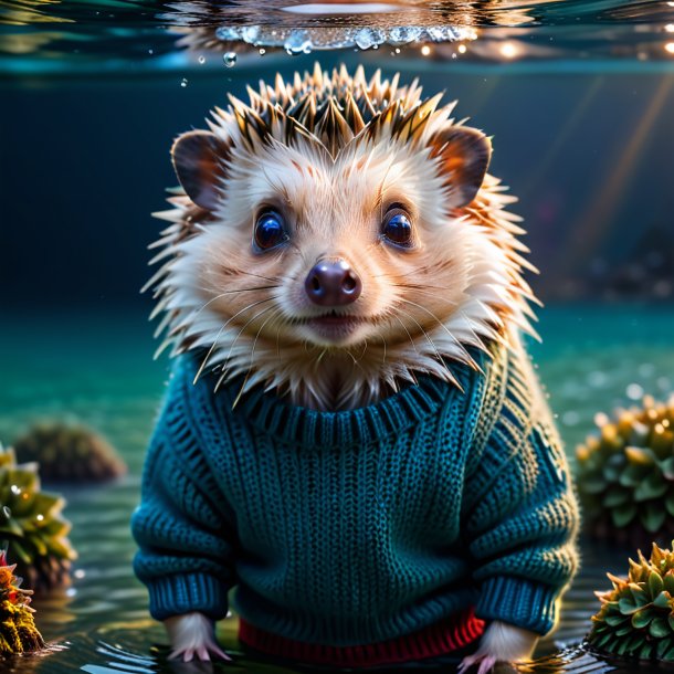 Image of a hedgehog in a sweater in the water