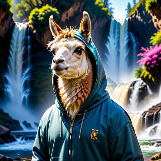 Image of a llama in a hoodie in the waterfall