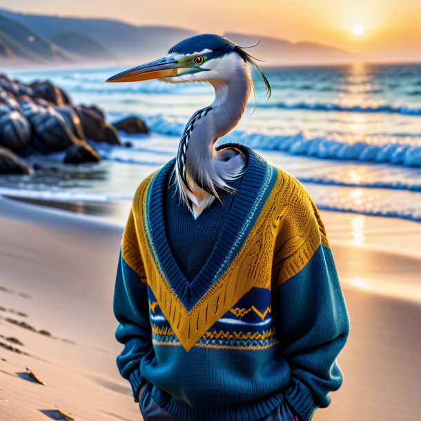 Image of a heron in a sweater on the beach