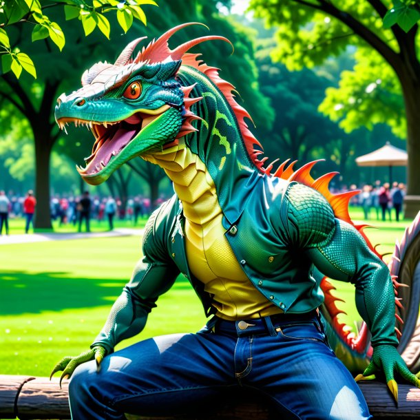 Foto de un basilisk en un jeans en el parque