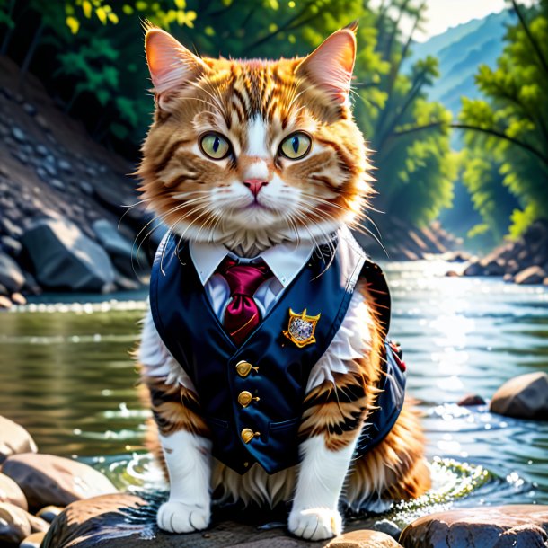 Picture of a cat in a vest in the river