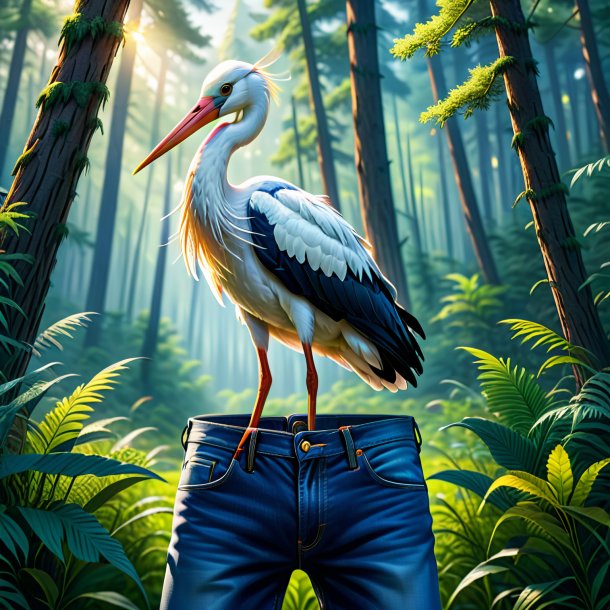 Illustration d'une cigogne dans un jean dans la forêt