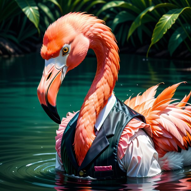 Desenho de um flamingo em um colete na água