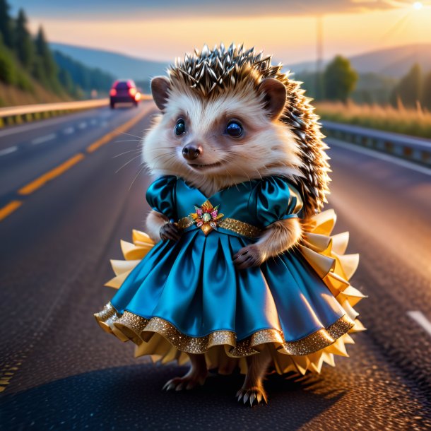 Picture of a hedgehog in a dress on the highway