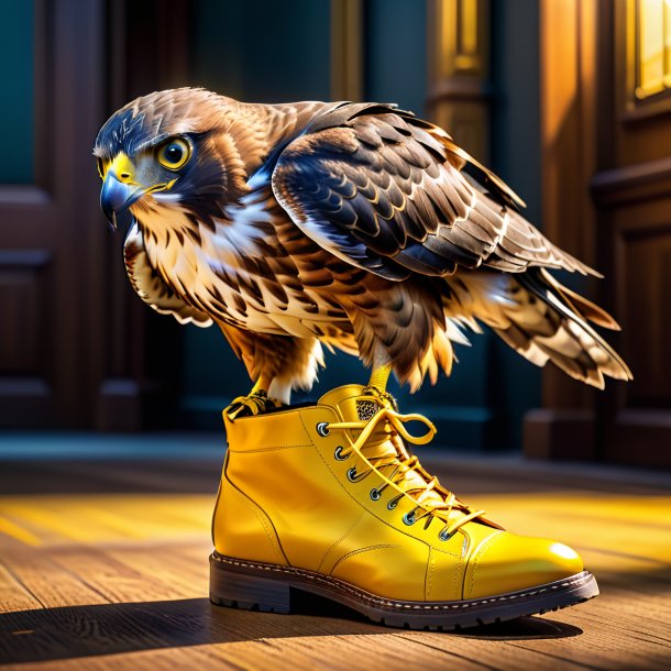 Image d'un faucon dans une chaussure jaune