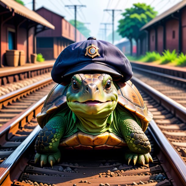 Picture of a tortoise in a cap on the railway tracks