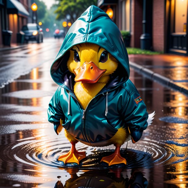 Foto de un pato en una sudadera con capucha en el charco