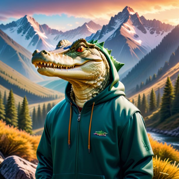 Image of a crocodile in a hoodie in the mountains