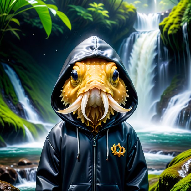 Photo of a cuttlefish in a hoodie in the waterfall