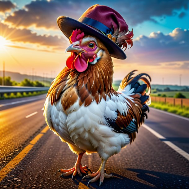 Foto de una gallina en un sombrero en la carretera