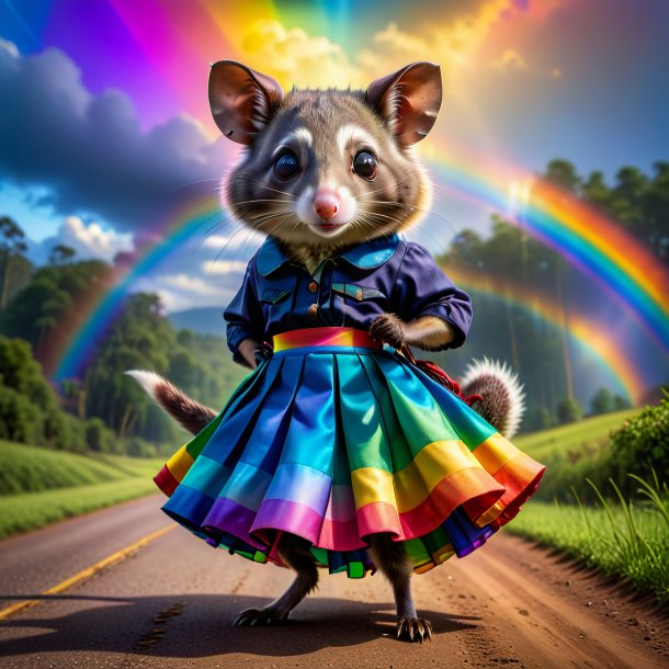 Photo d'un opossum dans une jupe sur l'arc-en-ciel