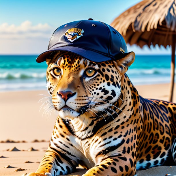 Picture of a jaguar in a cap on the beach