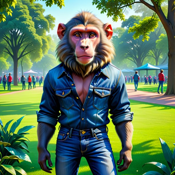 Illustration of a baboon in a jeans in the park