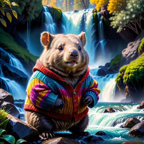 Imagem de um wombat em um suéter na cachoeira