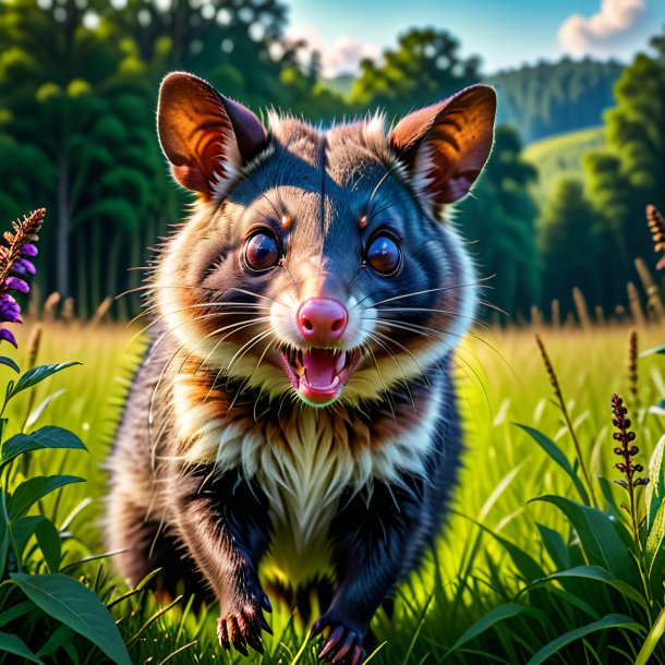 Pic d'une menace d'un opossum dans la prairie