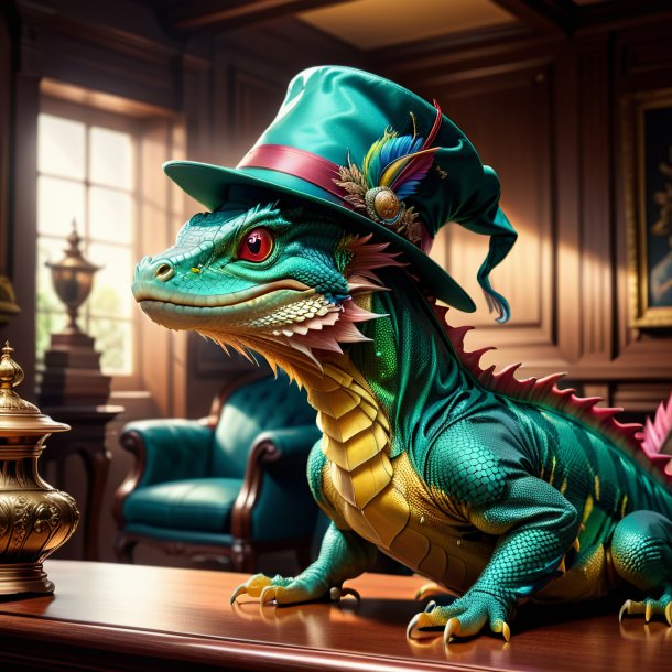 Drawing of a basilisk in a hat in the house