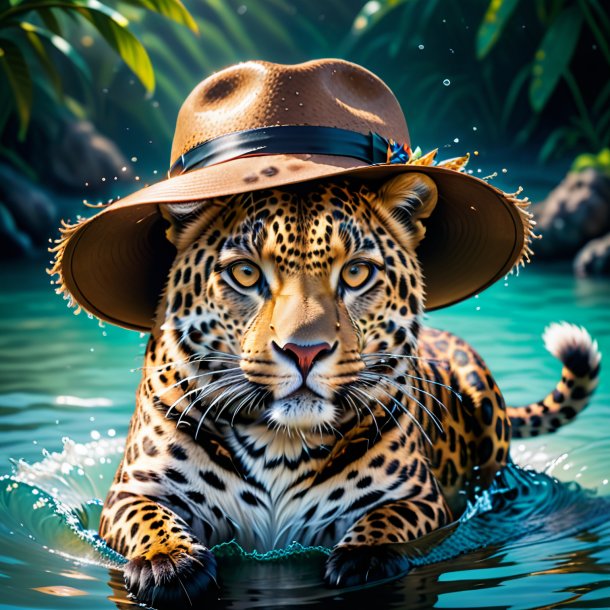 Image of a leopard in a hat in the water