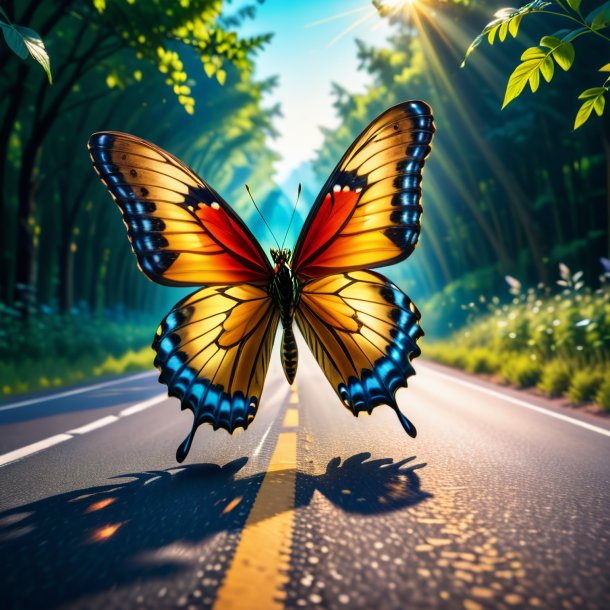 Picture of a dancing of a butterfly on the road