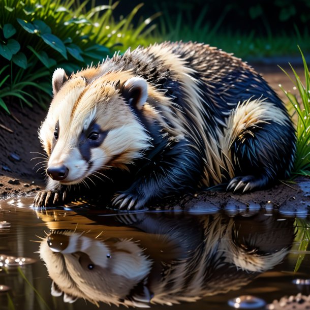 Picture of a sleeping of a badger in the puddle