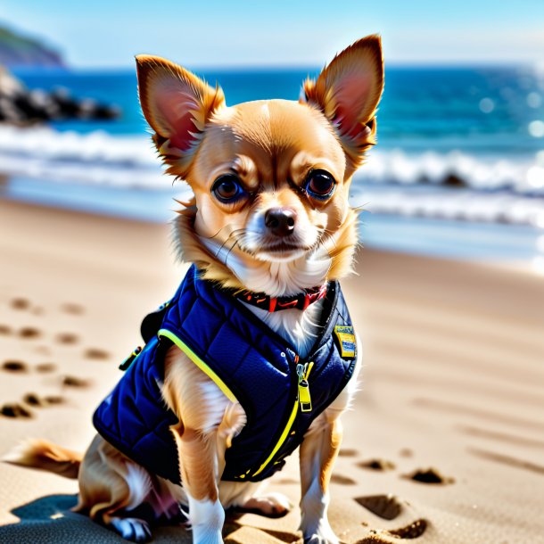 Foto de um chihuahua em um colete na praia