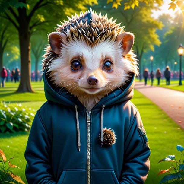 Drawing of a hedgehog in a hoodie in the park