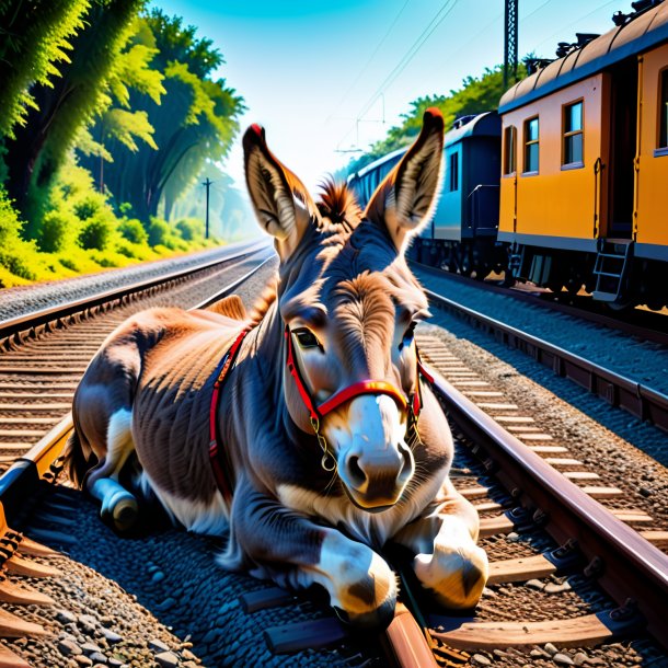 Image of a resting of a donkey on the railway tracks